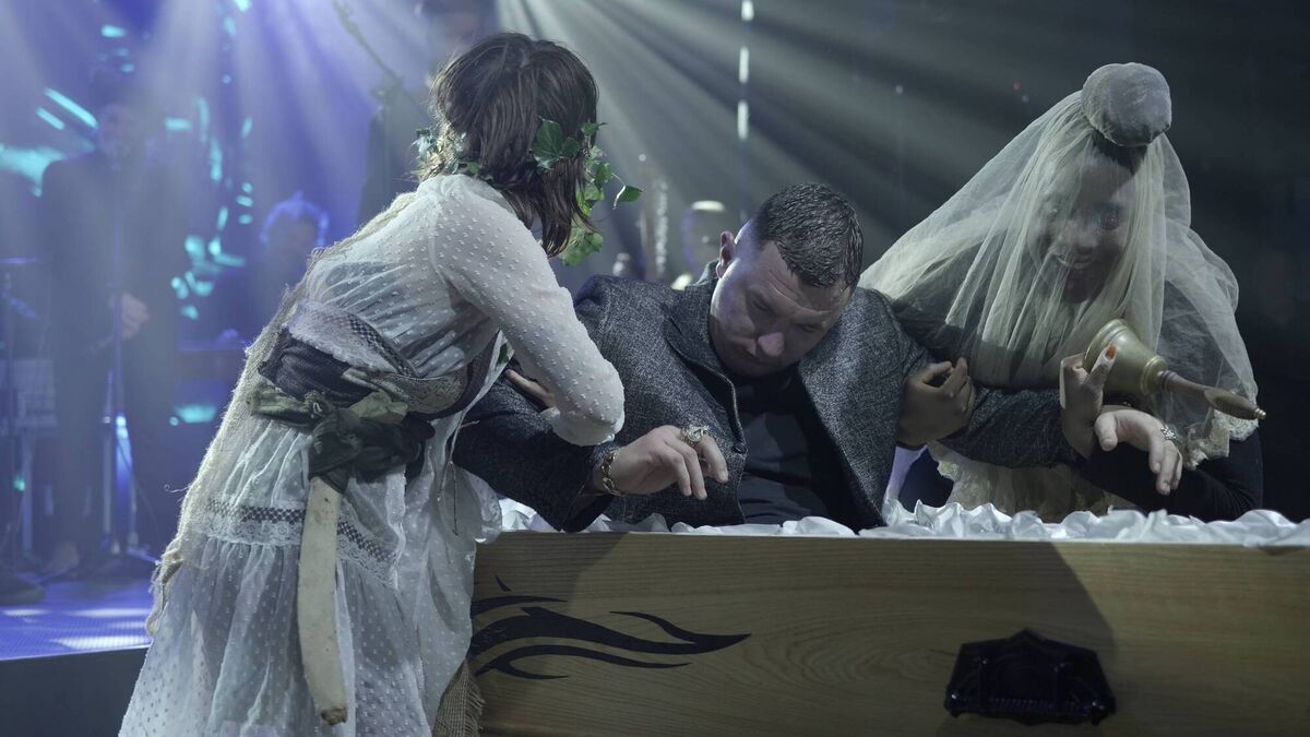 Limerick rapper Willzee emerges from his coffin at Hedge School arts festival in Doolin. Picture: Lou Merkert