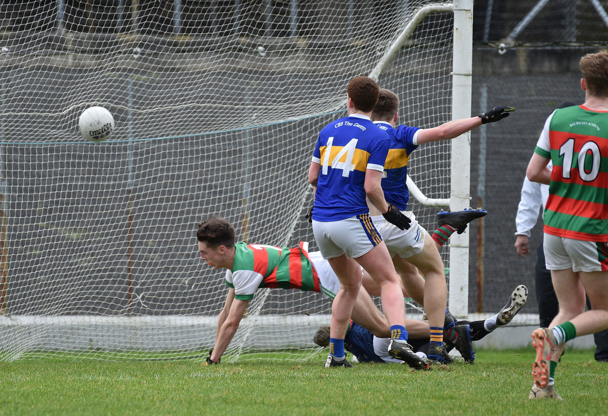 Padraig Britton, Patrician Academy Mallow going to ground after Martin McKivergan, Tralee CBS punched the ball into the net for his goal l during their TUS Corn Uí Mhuirí SFC semi-final match at Fitzgerald Stadium, Killarney. Picture Dan Linehan Padraig Britton, Patrician Academy Mallow going to ground after Martin McKivergan, Tralee CBS punched the ball into the net for his goal l during their TUS Corn Uí Mhuirí SFC semi-final match at Fitzgerald Stadium, Killarney. Picture Dan Linehan