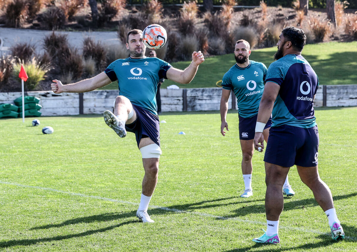 Tadhg Beirne with Jamison Gibson-Park and Bundee Aki.