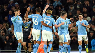 Julian Alvarez (right) celebrates his second (Martin Rickett/PA)