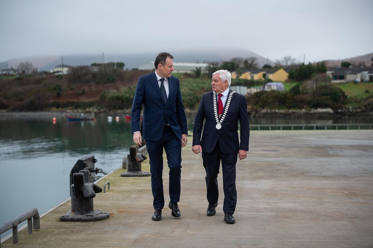 Agriculture, Food and the Marine Minister, Charlie McConalogue, with Cork County Mayor Frank O’Flynn, at the new €48m Dinish Wharf expansion at Castletownbere Fishery Harbour Centre in West Cork. Picture:  John Allen