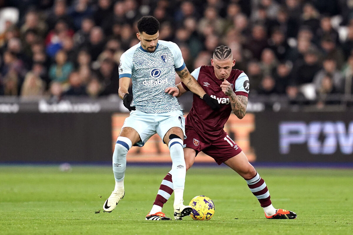 Bournemouth's Dominic Solanke (left) and West Ham United's Kalvin Phillips battle for the ball during the Premier League match at the London Stadium Picture: Adam Davy/PA Wire Bournemouth's Dominic Solanke (left) and West Ham United's Kalvin Phillips battle for the ball during the Premier League match at the London Stadium Picture: Adam Davy/PA Wire