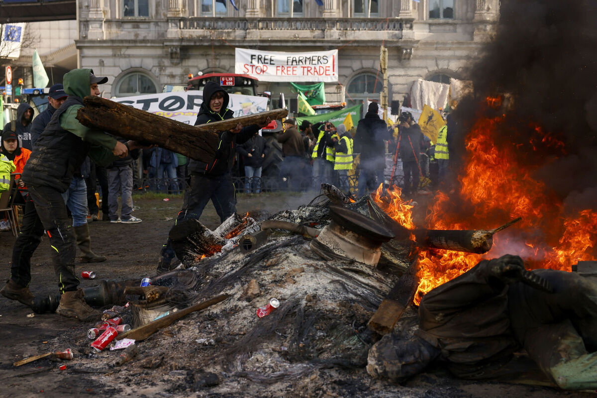 Farmers protest outside the European Parliament  as European leaders met for an EU summit in Brussels today. Picture: Thomas Padilla/AP