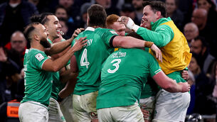 <p>Ireland's Jamison Gibson-Park, James Lowe, Joe McCarthy, Ciaran Frawley, Tadhg Furlong and James Ryan. Pic: INPHO/Ben Brady</p>