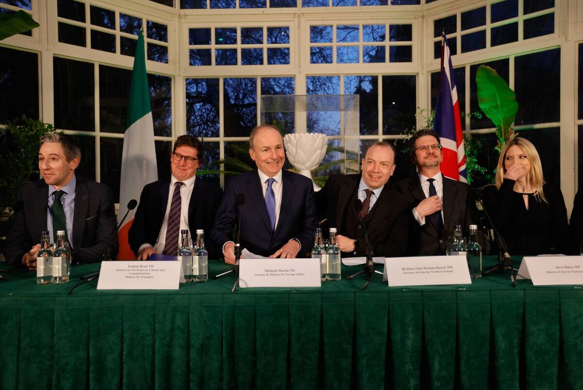 Minister for Justice, Simon Harris; Minister for Environment, Climate, Communications and Transport, Eamon Ryan; Tánaiste, Minister for Foreign Affairs and Minister for Defence, Micheál Martin; Secretary of State for Northern Ireland, Rt Hon Chris Heaton-Harris; Minister of State for Northern Ireland, Steve Baker, MP; and Minister of State for Media, Data, and Digital Infrastructure, Julia Lopez, MP speaking to media after a meeting of the British-Irish Intergovernmental Conference in Farmleigh House. Picture: Alan Betson/The Irish Times