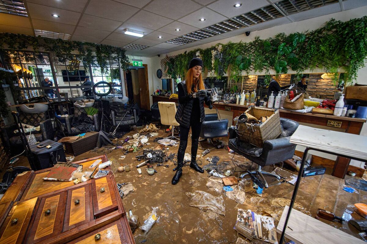 Rosaleen O’Donnell, proprietor of the HS2 Salon in Midleton, Co. Cork, standing in her hair salon which was destroyed by flood water brought by Storm Babet in October. The torrential flooding in Midleton was the worst in 70 years and the town’s flood relief scheme is not due to start till 2025. Storm Babet was the second named storm of the year to hit western Europe. The storm left 100 homes flooded and dozens of businesses in Midleton destroyed. Picture: Dan Linehan/Irish Examiner
