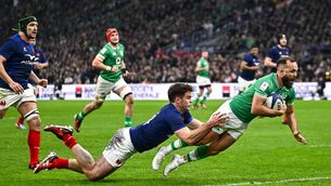 <p>OPENER: Jamison Gibson-Park, a contender for man of the match, dives over for Ireland’s opening try in the Six Nations meeting with France at the Stade Velodrome in Marseille. 	<span class="contextmenu emphasis CaptionCredit">Pic: Harry Murphy/Sportsfile</span>
            </p>