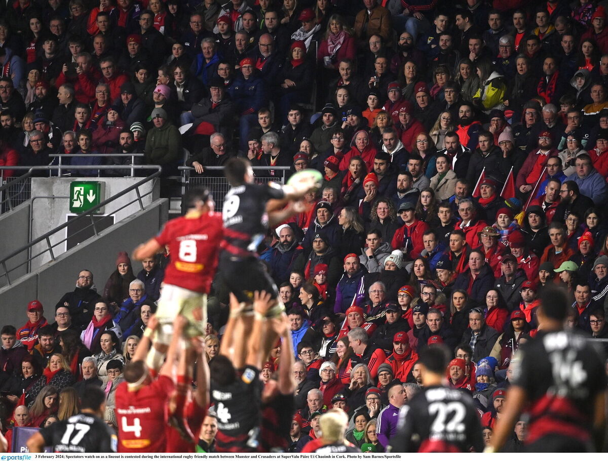 Spectators watch on as a lineout is contested during the international rugby friendly match between Munster and Crusaders at Páirc Uí Chaoimh. Picture: Sam Barnes/Sportsfile