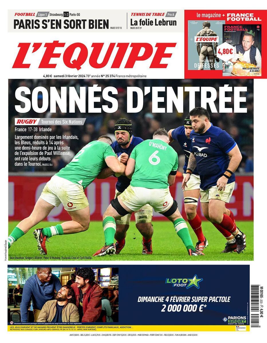 The cover of Saturday's L'Epuipe. Re-entry noise, they say. Les Bles missed their beat in the Six Nations opener