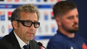 <p>FACING THE MUSIC: France's coach Fabien Galthie (L) speaks to the media alongside France's number eight and captain Greg Alldritt at the Stade Velodrome.</p>