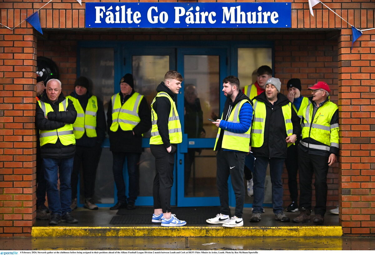 Stewards gather at the clubhouse before being assigned to their positions ahead of the Allianz Football League Division 2 match between Louth and Cork at DEFY Páirc Mhuire in Ardee, Louth. Photo by Ben McShane/Sportsfile