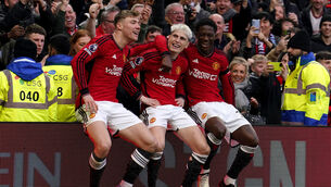 <p>Manchester United's Alejandro Garnacho celebrates with Rasmus Hojlund and Kobbie Mainoo after scoring their side's second goal. Picture: Martin Rickett/PA Wire.</p>