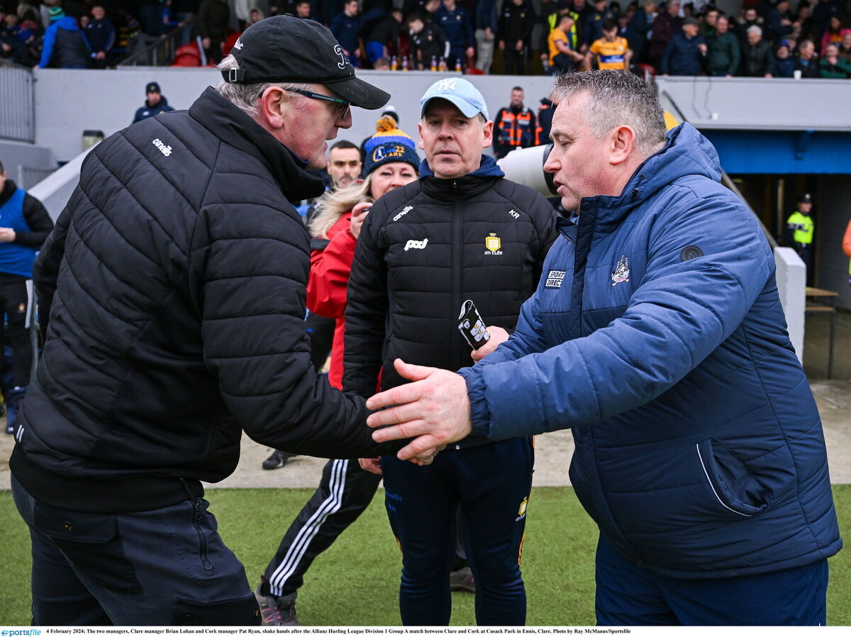 The two managers, Clare manager Brian Lohan and Cork manager Pat Ryan, shake hands after the Allianz Hurling League Division 1 Group A match between Clare and Cork at Cusack Park in Ennis, Clare. Photo by Ray McManus/Sportsfile