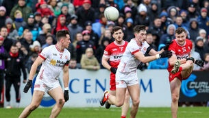 <p>UNEARTHED: Derry’s Cormac Murphy and Tyrone's Ciaran Daly and Conall Devlin. Pic: Lorcan Doherty, Inpho</p>