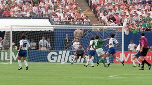 <p>GIANTS: Republic of Ireland's Ray Houghton scores the winner against Italy at The Giants Stadium, New Jersey, USA. Picture credit: David Maher, Sportsfile.</p>