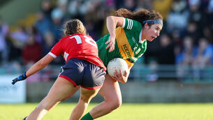 <p>Emma Dineen of Kerry in action against Sarah Leahy of Cork</p>