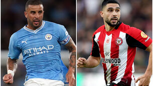 <p>Kyle Walker, left, reacted to something said by Neal Maupay in Manchester City’s win at Brentford (Nick Potts/John Walton/PA)</p>