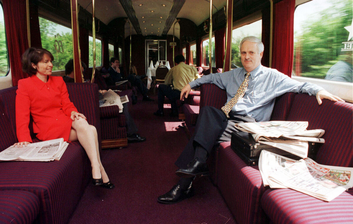 John Bruton with his wife Finola Bruton on board the Fine Gael election campaign train on its way to Cork in May 1997. Picture: Leon Farrell/RollingNews John Bruton with his wife Finola Bruton on board the Fine Gael election campaign train on its way to Cork in May 1997. Picture: Leon Farrell/RollingNews