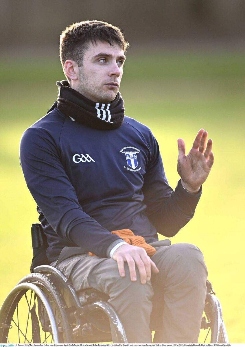 24 January 2024; Mary Immaculate College Limerick manager Jamie Wall after the Electric Ireland Higher Education GAA Fitzgibbon Cup Round 2 match between Mary Immaculate College Limerick and UCC at MICL Grounds in Limerick. Photo by Piaras Ó Mídheach/Sportsfile