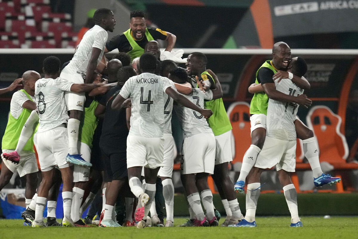South African players celebrate after winning a penalty shootout at the end of the African Cup of Nations quarter final soccer match between Cape Verde and South Africa, at the Charles Konan Banny stadium in Yamoussoukro, Ivory Coast, Saturday, Feb. 3, 2024. (AP Photo/Themba Hadebe) South African players celebrate after winning a penalty shootout at the end of the African Cup of Nations quarter final soccer match between Cape Verde and South Africa, at the Charles Konan Banny stadium in Yamoussoukro, Ivory Coast, Saturday, Feb. 3, 2024. (AP Photo/Themba Hadebe)