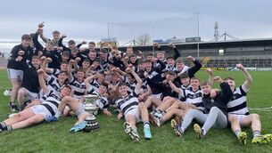 <p>Winning St Kierans College team celebrate with the Leinster Cup Pic via St Kierans College</p>