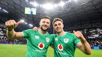 Robbie Henshaw and Jack Crowley celebrate after the game 2/2/2024