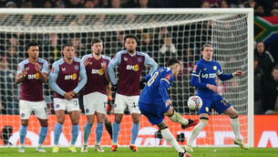 Chelsea’s Enzo Fernandez scores their third goal against Aston Villa. (David Davies/PA)