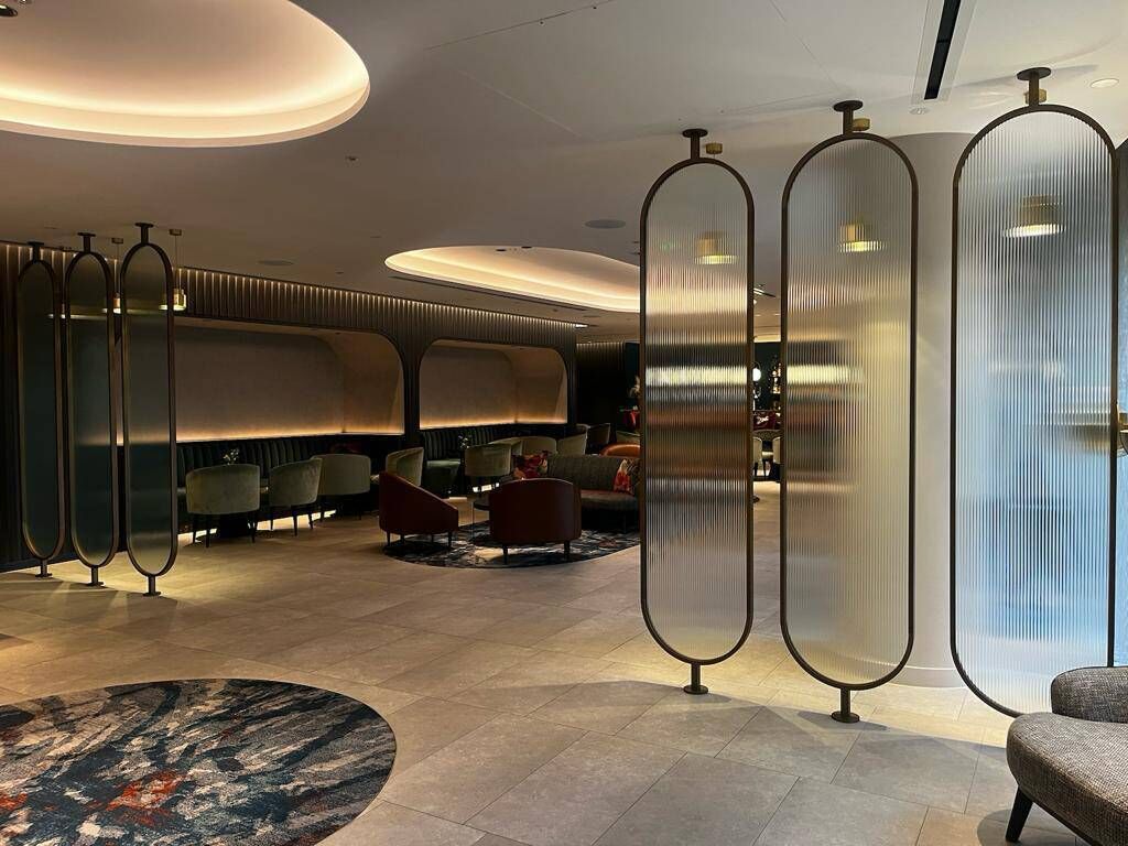 Reeded glass room dividers at Hyatt House, Stratford, London.
