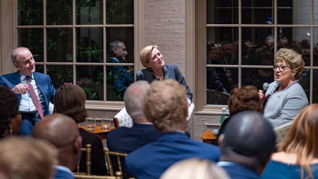 <p>Tánaiste Micheál Martin with Samantha Power, administrator of USAid, and Irish ambassador Geraldine Byrne Nason, at a talk in the Irish Ambassador to the US's residence in Washington DC. Picture: USAid</p>
