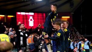 <p>PACKING A PUNCH: Newcastle United's Bruno Guimaraes celebrates scoring their side's third goal of the game during the Premier League match at the City Ground, Nottingham. Pic: PA WIRE</p>