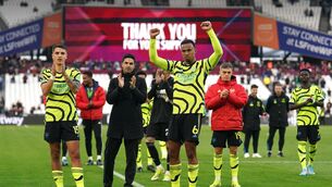 <p>Mikel Arteta, centre left, and Arsenal celebrate victory over West Ham (Adam Davy/PA)</p>