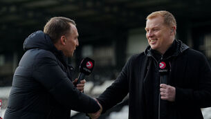 <p>Celtic Manager Brendan Rogers and Former Celtic manager Neil Lennon during a post match interview after the Scottish Gas Men's Scottish Cup fifth round match at The SMISA Stadium, Paisley. Picture: Andrew Milligan/PA Wire. </p>