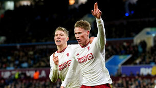 <p>SCORING RUN: Manchester United's Scott McTominay (right) celebrates with team-mate Rasmus Hojlund after scoring their side's second goal of the game during the Premier League match at Villa Park. Pic: Paige Young</p>