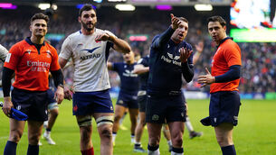 <p>NOT CLEAR AND OBIVIOUS: Scotland's Finn Russell speaks to official Nika Amashukeli as they wait for a TMO decision on a Scotland try late in the Guinness Six Nations match at the Scottish Gas Murrayfield Stadium, Edinburgh. Pic: Adam Peck</p>