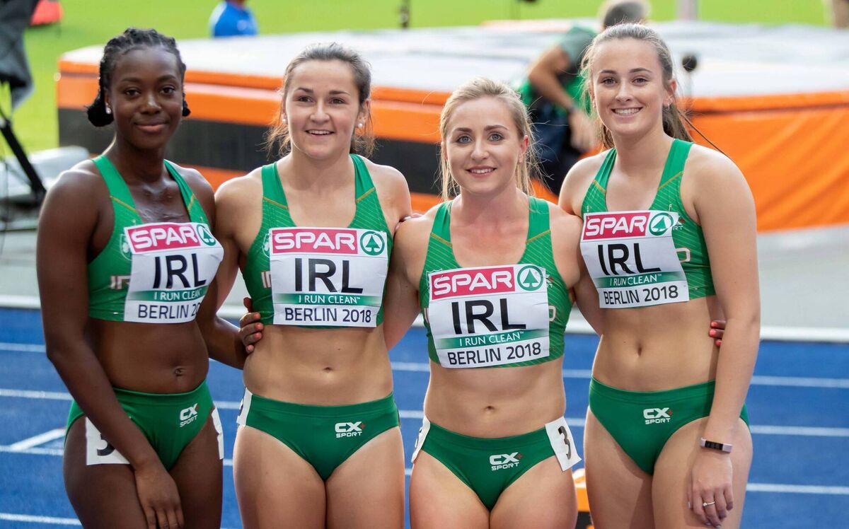 Ireland's Gina Akpe-Moses, Phil Healy, Joan Healy and Ciara Neville after setting a new national record in the Women's 4x100m Heats in Berlin in 2018  