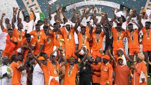 <p>Ivory Coast players celebrate after winning the African Cup of Nations.</p>