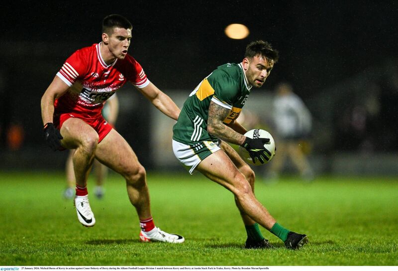 Micheál Burns looks to turn Conor Doherty in what may prove his final outing in the green and gold. Micheál Burns looks to turn Conor Doherty in what may prove his final outing in the green and gold.