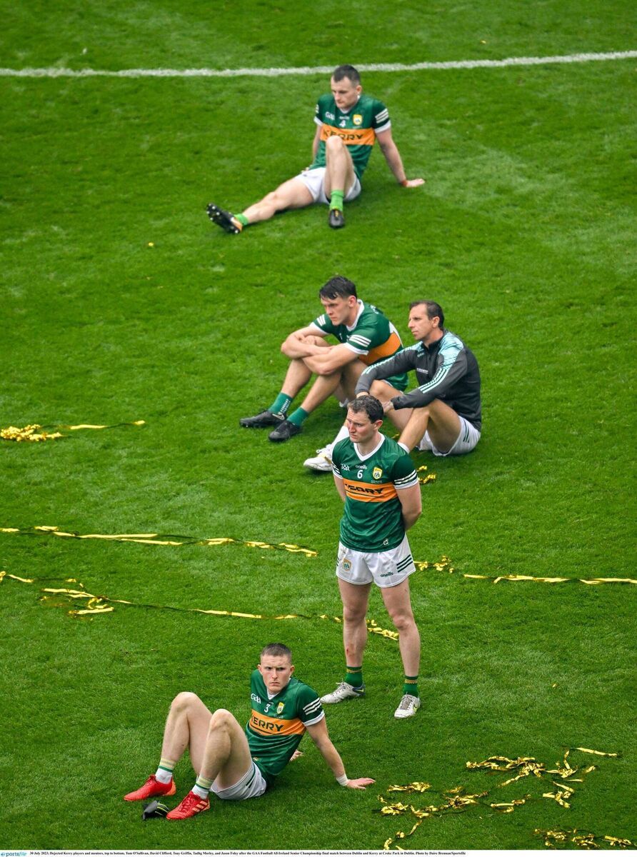 THEREIN LIES AN UPSIDE: Dejected Kerry players and mentors, top to bottom, Tom O'Sullivan, David Clifford, Tony Griffin, Tadhg Morley, and Jason Foley after the GAA Football All-Ireland Senior Championship final match between Dublin and Kerry. Pic: Daire Brennan, Sportsfile