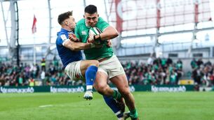 <p>TOO STRONG: Ireland's Dan Sheehan is tackled by Italy's Stephen Varney just short of the try line last Sunday in the Aviva Stadium. Pic: Ben Brady, Inpho</p>
