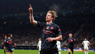 <p>Manchester City's Kevin De Bruyne celebrates scoring their side's first goal of the game during the UEFA Champions League round of 16, first leg match at the Parken Stadium, Copenhagen.</p>