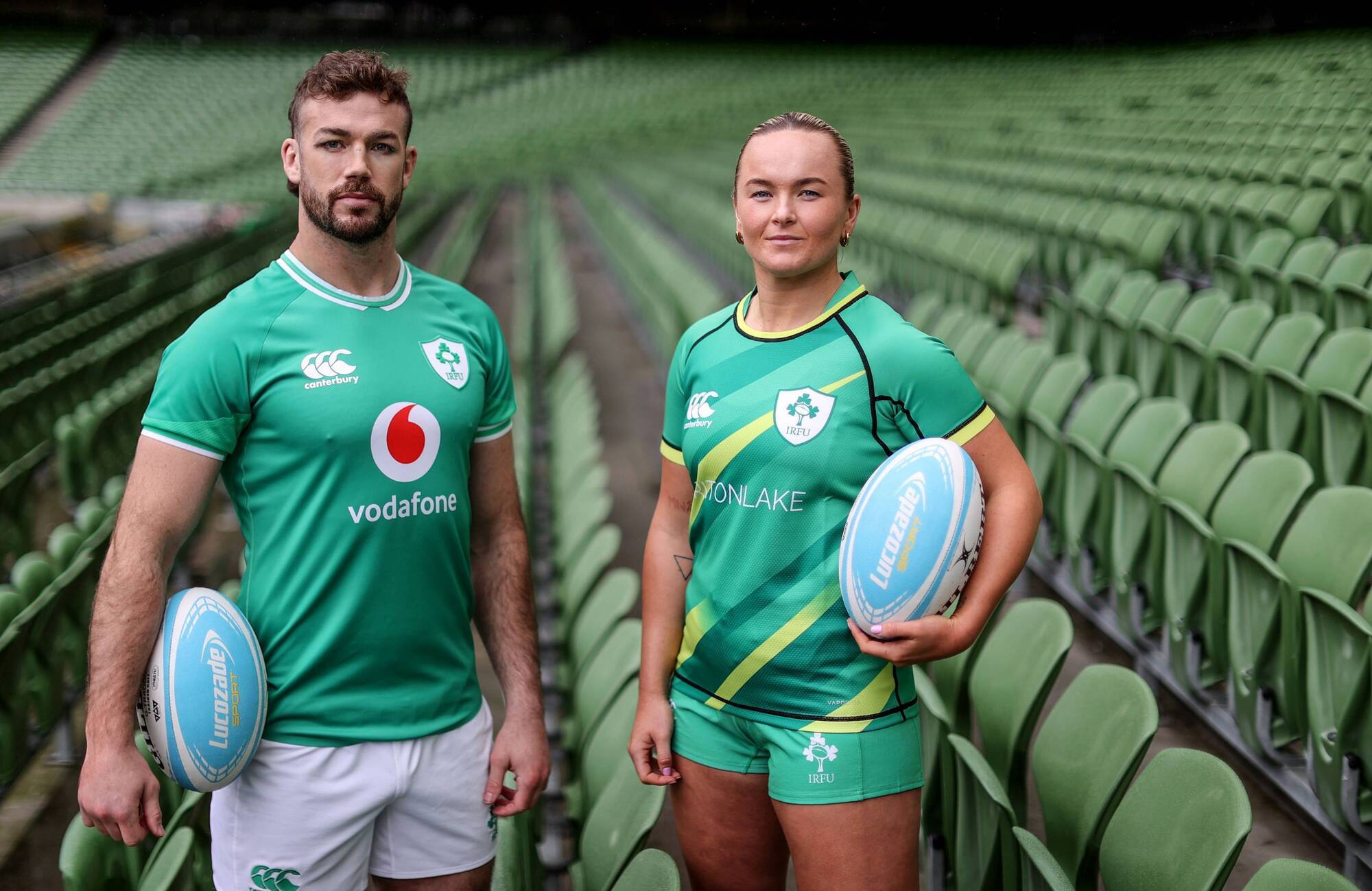 SLAM-HUNTING: Ireland back-row, Caelan Doris and Ireland Women’s Sevens Player, Vikki Wall as they were unveiled as the newest Lucozade Sport Athletes. Pic: Dan Sheridan, Inpho