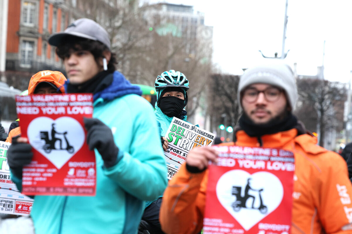  Food delivery workers on O'Connell Street are striking this Valentine's Day in protest at low pay. Picture: Leah Farrell / © RollingNews.ie