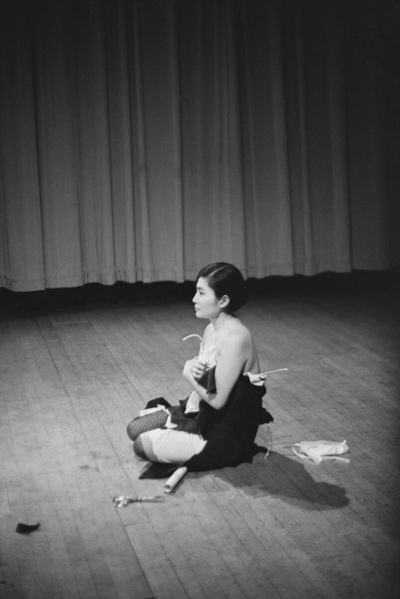 Yoko Ono's Cut Piece 1964, from “New Works by Yoko Ono”, Carnegie Recital Hall, NYC, March 21 1965. Pic: Minoru