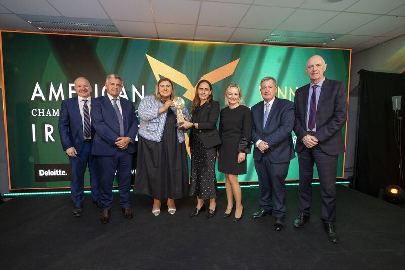 AmCham Mid West Conference 2023 Dinner at Thomond Park Stadium Limerick: Barry O'Sullivan, Chair of the Shannon Estuary Economic Taskforce, John Shaw and Eva Cummins, Clare Haven Services, Orlaith Lawler, Mid west Chair AmCham, Karen Frawley, Deloitte, Minster Kieran O’Donnell and Seamus Fives, President of the American Chamber of Commerce Ireland. Picture: Arthur Ellis 