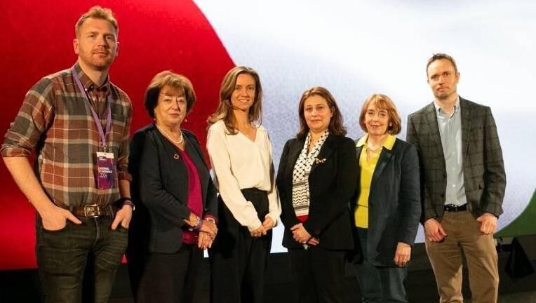 Palestine's ambassador to Ireland, Jilan Wahba Abdalmajid, fourth from left, with Social Democrats TDs Gary Gannon, Catherine Murphy, Holly Cairns, Róisín Shortall, and Cian O'Callaghan, at the party's national conference. Picture: Social Democrats 