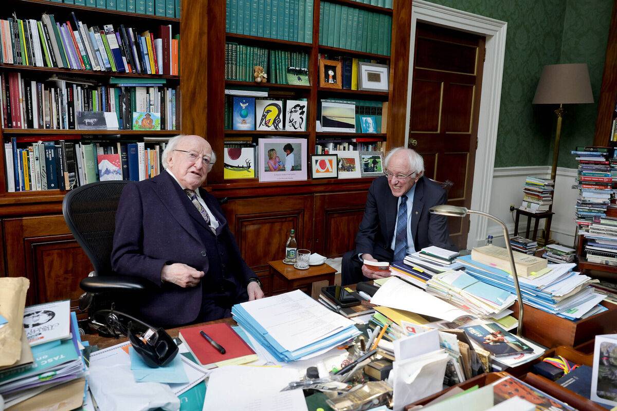 As part of his visit to Ireland, Bernie Sanders met with President Michael D Higgins at Áras an Uachtaráin. Picture: Maxwells
