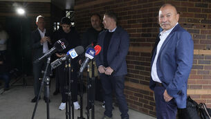 <p>BOX OFFICE: Australian Rugby's head coach Eddie Jones, right, prepares to speak to media in Sydney, Tuesday, Oct. 17, 2023. Pic: Rick Rycroft, AP</p>