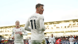 <p>Manchester United's Rasmus Hojlund celebrates scoring their side's second goal. Pic: Bradley Collyer/PA Wire</p>