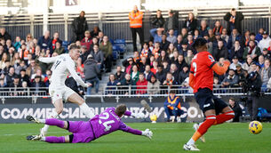 <p>SCORING RUN: Manchester United's Rasmus Hojlund scores their side's first goal of the game during the Premier League match at Kenilworth Road, Luton. </p>