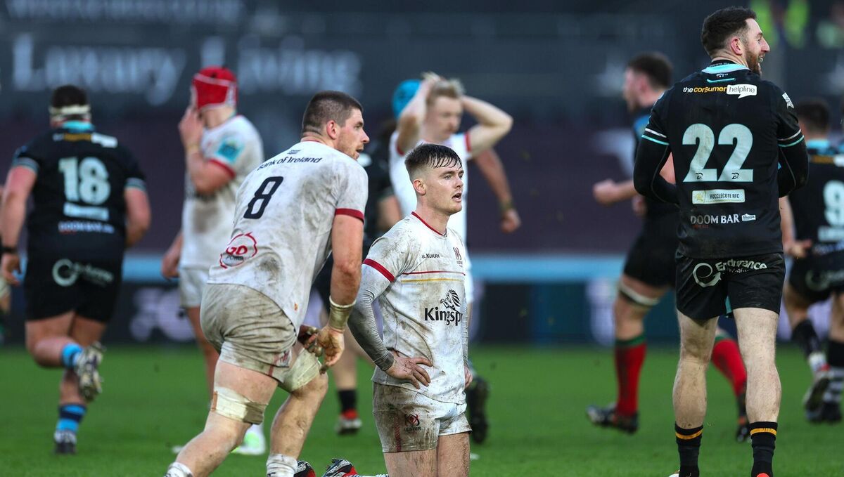 DROPPED IN IT: Jake Flannery and Nick Timoney of Ulster react after Dan Edwards of Ospreys scored a last minute drop goal during a URC match at Swansea.com Stadium. Picture: Gareth Everett/Sportsfile DROPPED IN IT: Jake Flannery and Nick Timoney of Ulster react after Dan Edwards of Ospreys scored a last minute drop goal during a URC match at Swansea.com Stadium. Picture: Gareth Everett/Sportsfile
